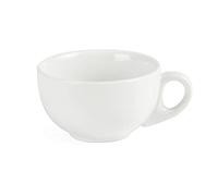 Olympia Whiteware Porcelain Cappuccino Cups 284ml, White, 12 Pack | Heat and shock resistant with strengthened rolled edges, featuring large handles for a secure grip during busy service.
