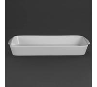 Olympia Whiteware Porcelain Oblong Roaster 395x219mm, Pack, 50X395X219mm | Fully vitrified for reliable heat and shock resistance with strengthened rolled edges to provide essential chip protection.