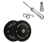 Olympic Bumper Weight Plate Set and 7ft Barbell - Rubber Coated Cast Iron Weight Discs, Powerlifting & Bodybuilding Weights and Bar - Home Gym Equipment for Strength Training by Body Revolution