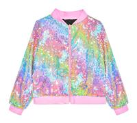 OlyPegic Girls Sequin Jackets Kids Bomber Jacket with Pockets Sparkle Outwear Glitter Zipper Coat Long Sleeve Birthday