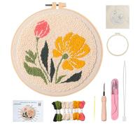 OlyPegic Punch Needle Kit for Beginners,Embroidery Starter Set with Hoop,Punch Needle,Threads and Instructions,Flowers Pattern Handcraft Embroidery Kit for Kids and Adults,20x20cm