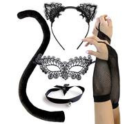 OLYPHAN Black Cat Costume for Women, Halloween Masquerade Mask, Lace Ears, Gloves, Tail, Choker Necklace