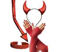 OLYPHAN Devil Costume Set Adult Women Red Devils Horns Headband, Lace Fishnet Arm Sleeves, Naughty Tail, Sequin Choker Necklace Demon Accessories for Halloween Party Cosplay Costumes