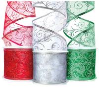 OLYPHAN Festive Elegant Assorted Color Glitter Organza Wired 2.5 Inch Wide Metallic Trim Xmas Ribbons - 30 Yards / 10 Yard Ea. Roll - Gift Wrap, Home Decoration, Crafting - Special Occasions