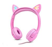 Olyre Girls Headphones with LED Light Up Cat Ears and Sharing Port 85db Hearing Protection Kids Headphones 3.5mm jack on ear - All Pink