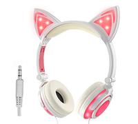Olyre Kids Headphones Wired, On-Ear LED Kitty Headphones with Mic for Kids Boys Girls, Children Headset with cat ears for iPad Computer Tablet Laptop Gamepad School Learning (Pink+White)