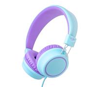 Olyre Kids Headphones Wired with Microphone 3.5mm Jack Lightweight Foldable Toddler Headphones for School & Travel, Braided Cord Durable Design for Boys & Girls (Mint Blue/Ionized Violet)