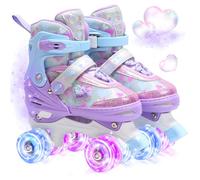 OLYSPM Kids Roller Skates for Girls with All-Over Dreamy Hearts & Luminous Wheels, Adjustable 4 Sizes,Quad skates for Beginners,Best Gifts for Birthdays Christmas?(Purple,XS)