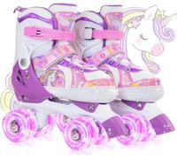 OLYSPM Kids Roller Skates,Roller Boots,4 Sizes Adjustable Quad Skates with 8 Flashing Wheels,Roller Skates for Girls,Boys and Beginner(Purple)