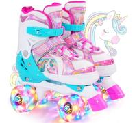 OLYSPM Kids Roller Skates,Roller Boots,4 Sizes Adjustable Quad Skates with 8 Flashing Wheels,Roller Skates for Girls,Boys and Beginner(Pink,S)