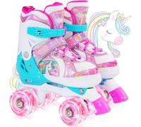 OLYSPM Kids Roller Skates,Roller Boots,4 Sizes Adjustable Quad Skates with 9 Flashing Wheels,Roller Skates for Girls,Boys and Beginner(Pink,M)