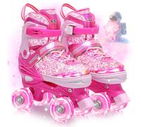 OLYSPM Roller Skates for Girls,Kids Skates with 4 Size Adjustable Fluorescent Uppers,Quad Skates with Light Up Wheels for Girls and Beginner(Pink)