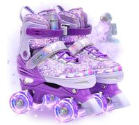 OLYSPM Roller Skates for Girls,Kids Skates with 4 Size Adjustable Fluorescent Uppers,Quad Skates with Light Up Wheels for Girls and Beginner(Purple)