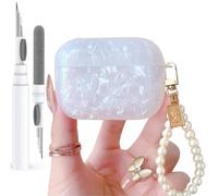 Olytop for Cute Glitter Airpods Pro 3 Case 2025 with Cleaner Pen, Shell Pattern Apple Airpod iPod Pro 3rd Generation Cover Protective Skin Girl Women with Luxury Pearl Keychain, White