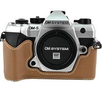 OM-5 Mark II Case, BMAOLLONGB Handmade PU Leather Half Camera Case Bag Cover Bottom Opening Version for Olympus System OM-5 Mark II with Hand Strap (Brown)