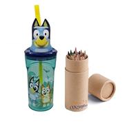 OM SUPPLIES 3D Figurine Cartoon Characters Reusable Tumbler Childrens Drinking Cup Straw 23 x 7.5 x 7.5cm Includes Half Size 12pcs Pencil Set (Blue)