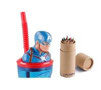 OM SUPPLIES Captain America 3D Figurine Cartoon Characters Reusable Tumbler Childrens Drinking Cup Straw 23 x 7.5 x 7.5cm Includes Half Size 12pcs Pencil Set (Captain)