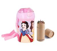 OM SUPPLIES Disney Princess Pop Up Water Bottle Drink Bottle Flask with Neck Cord for Easy Carry School Lunch Kids Childrens 450ml Includes Half Size 12pcs Pencil