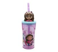 OM SUPPLIES Gabby's 3D Figurine Cartoon Characters Reusable Tumbler Childrens Drinking Cup Straw 23 x 7.5 x 7.5cm Includes Half Size 12pcs Pencil Set (Gabby's)