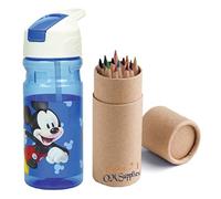 OM SUPPLIES Mickey Characters Reusable Pop Up Water Bottle Drink Bottle Flask with Cord for Easy Carry School Lunch Kids Childrens 500ml Includes Half Size 12pcs Pencil Set (Mickey)