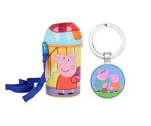 OM SUPPLIES Peppa, George, Pig Characters Pop Up Water Bottle Drink Bottle Flask with Neck Cord for Easy Carry School Lunch Kids Childrens 450ml Includes Peppa, George, Pig Keychain
