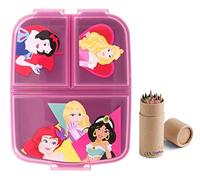 OM SUPPLIES Princess Reusable Sandwich Lunch Box 3 Multi Compartment Kids Children School Includes Half Size 12pcs Pencil Set (Princess)