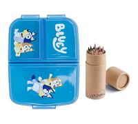 OM SUPPLIES Reusable Sandwich Lunch Box 3 Multi Compartment Kids Children School Includes Half Size 12pcs Pencil Set (Blue)