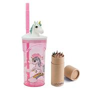 OM SUPPLIES Unicorn 3D Figurine Cartoon Characters Reusable Tumbler Childrens Drinking Cup Straw 23 x 7.5 x 7.5cm Includes Half Size 12pcs Pencil Set (Unicorn)