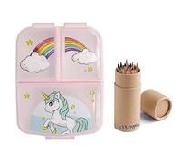 OM SUPPLIES Unicorn Reusable Sandwich Lunch Box 3 Multi Compartment Kids Children School Includes Half Size 12pcs Pencil Set (Unicorn)