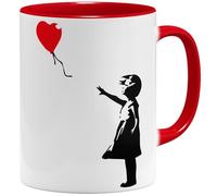 OM3 Banksy Coffee Mug with Balloon Girl - Street Art Graffiti Stencil - Ceramic Mug - 325 ml - Printed on Both Sides - Red