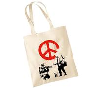 OM3 Cotton Bag with Saying - Banksy War Peace - Graffiti Art - Statement - Cotton Bag - Bag - Long Handle, natural, 38 x 42 cm