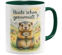 OM3 Funny Marmot Coffee Mug with Saying "Heute schon gemurmelt? - Ceramic Mug - 325 ml - Printed on Both Sides - Green
