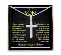 Omaishine To My Son Necklace Gift From Mom & Dad, Mother Son Graduation Cross Link Chain Necklace Present With Message Card & Box