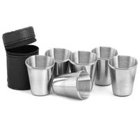 Omana Stainless Steel Shot Glasses (Set of 6) - Shatterproof Metal Travel Cups with Premium Stackable Design & Portable Carry Pouch - Reusable for Camping, Hiking, Coffee, Beer & Spirits (70ml)