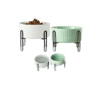 OMAYKEY 32 OZ Ceramic Dog Cat Bowls with Elevated Metal Stand, 2 Heights Elevated, 6.5 Inch Ceramic Round Pet Food and Water Feeder Bowl Dish for Cats & Dogs, White & Green