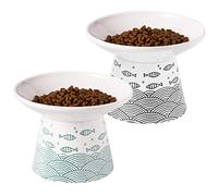 OMAYKEY 6.25 Inch Extra Wide Ceramic Raised Cat Bowls, Elevated Cat Bowls for Food & Water, Wide Shallow Cat Food Dish, Whisker Fatigue, Stress Free, Protect Spine, Black & Green Fish