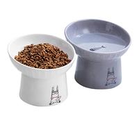 OMAYKEY 6.5 Inch Extra Wide Ceramic Raised Cat Bowl Set, Tilted Elevated Cat Bowls for Food and Water, Prevent Whisker Fatigue, Stress Free, Less Vomiting, Protect Spine, White & Grey