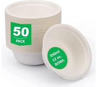 Omberan Premium Quality Disposable Paper Bowls - 12oz/350ml - 50 Pack Ecofriendly Biodegradable Compostable Bagasse Bowls for Dessert Soup Milk Salad Cereals - Perfect for Any Party, Picnic, Event