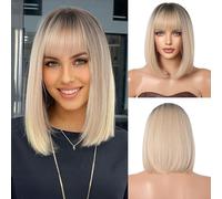 Ombre Blonde With Bangs Short Straight For Women Synthetic for Daily Wear