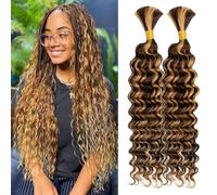 Ombre Braiding Hair 100g 22 Inch Deep Water Wave 2 Bundle Bulk Human Hair for Braiding 10A Brazilian Virgin Highlight Curly Hair Extensions for Boho Braids Wet and Wavy Honey Blonde Braiding Hair