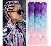 Ombre Braiding Hair 24 Inch Synthetic Extensions for Braiding, 3-Pack Pre-Stretched High-Temperature Crochet Hair, C45 Purple-Green-Pink