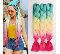 Ombre Braiding Hair 24 Inch Synthetic Hair Extensions for Braiding 3Pack/Lot Pre Stretched High Temperature Crochet Braiding Hair (#C40 Green to Beige to Red)