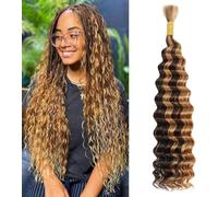 Ombre Braiding Hair 50g 20 Inch Deep Wave 1 Bundle Bulk Human Hair for Braiding 10A Brazilian Virgin Highlight Curly Hair Extensions for Boho Braids Wet and Wavy Honey Blonde Braiding Hair