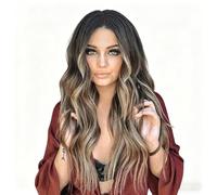 Ombre Brown Blonde Long Wavy Wig, Middle Part Highlight Synthetic Hair, Natural Looking Curly For Women, Fits All Face Shapes & Skin Tones