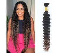 Ombre Brown Human Braiding Hair for Boho Braids 16 Inch 50g Deep Wave Bulk Boho Human Hair for Braiding Curly Knotless Bohemian Braids 12A 100% Brazilian Virgin No Weft Extensions 1 Bundles/Pack
