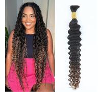 Ombre Brown Human Braiding Hair for Boho Braids 18 Inch 50g Deep Wave Bulk Boho Human Hair for Braiding Curly Knotless Bohemian Braids 12A 100% Brazilian Virgin No Weft Extensions 1 Bundles/Pack