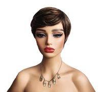 Ombre Brown Short Human Hair Wigs Pixie Cut Wigs with Bangs Wigs for Woman, Layered Wavy Wigs for Women None Lace Front