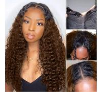 Ombre Brown V Part Curly Wigs Human Hair No Leave Out for Women,1b/30 10A Brazilian Balayage Highlight Glueless V Part Wigs with 5x2.5 inch Lace Beginner Friendly 180% Density 22inch