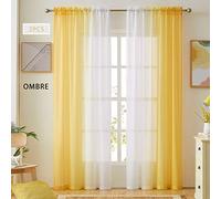Ombre Faux Linen Sheer Curtains for Bedroom Living Room Rod Pocket, Privacy and Light Filtering, 2 Tone Reversible Gradient Voile Semi Window Curtains, Set of 2 Panels, Yellow, 54 x 84 Inch Length