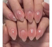 Ombre French Fake Nails Short - Peach Pink Gradient Press on Nails Almond Shape - Reusable Soft Gel False Nails with Glue - Natural Stick on Nails for Women Finger Daily Wear 24 PCS